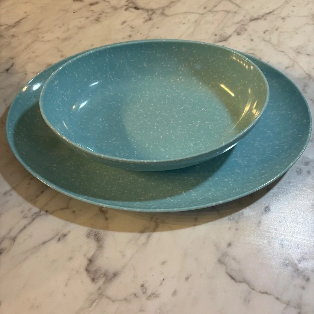 Vintage Turquoise Blue Speckled Melamine Oval Serving Platter and Bowl Set